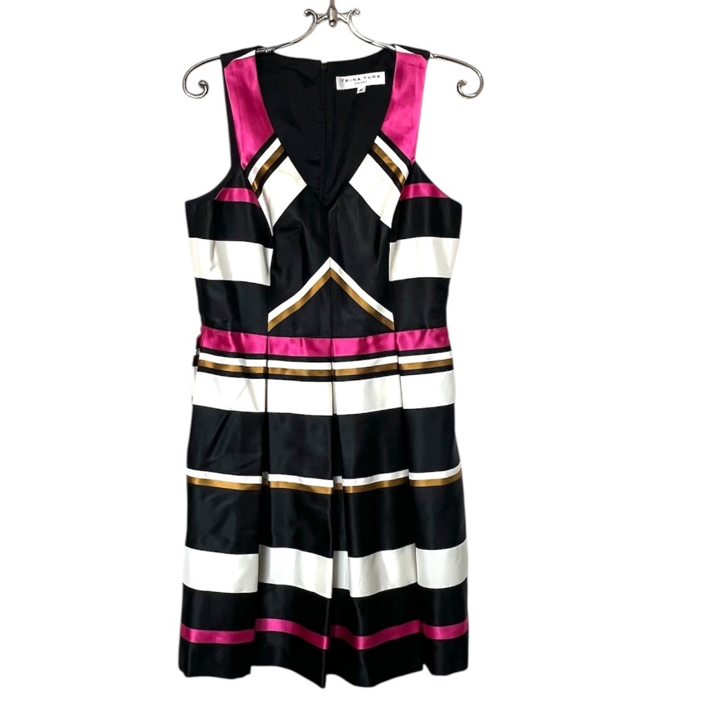 Trina Turk Sleeveless Pink Black White Gold Striped Sheath Dress Size 8